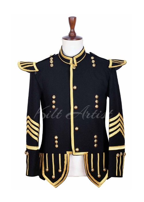Black Wool Gold Braided Scottish Military Bagpiper Jacket