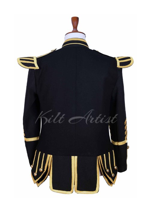 Black Wool Gold Braided Scottish Military Bagpiper Jacket - Image 4