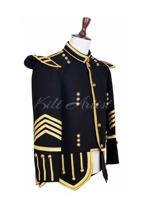 Black Wool Gold Braided Scottish Military Bagpiper Jacket - Image 2