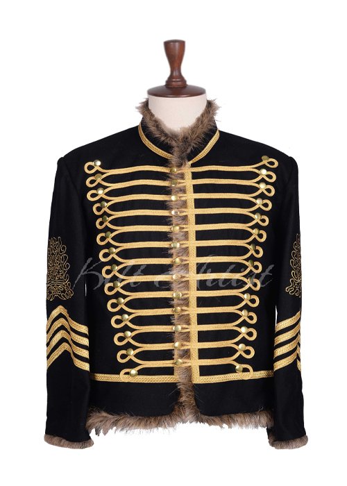 Black Wool Coyote Fur Gold Braided Military Jacket