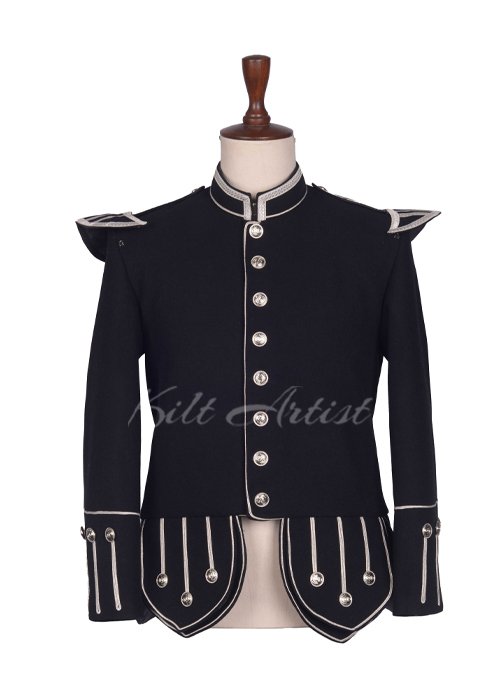 Black Wool Silver Braided Scottish Military Piper Doublet