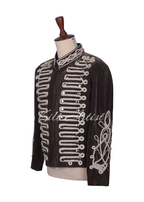 Olive Green Velvet Military Doublet Jacket - Image 2