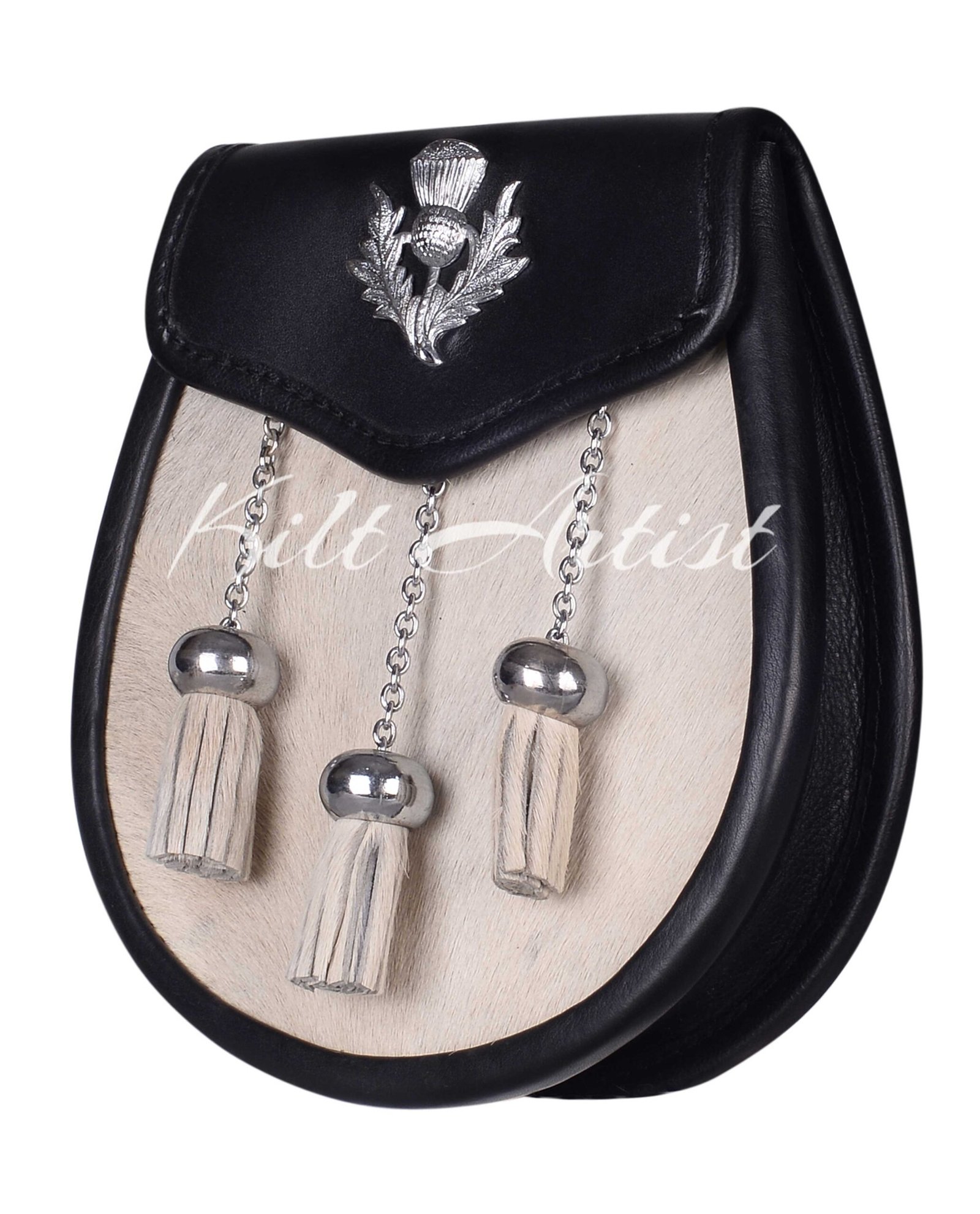 Thistle Emblem Black Leather White Bovine Fur Semi Dress Sporran - Image 3