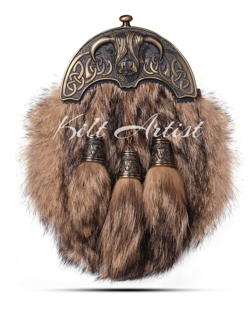 Brass Highland Cow Coyote Fur Full Dress Sporran