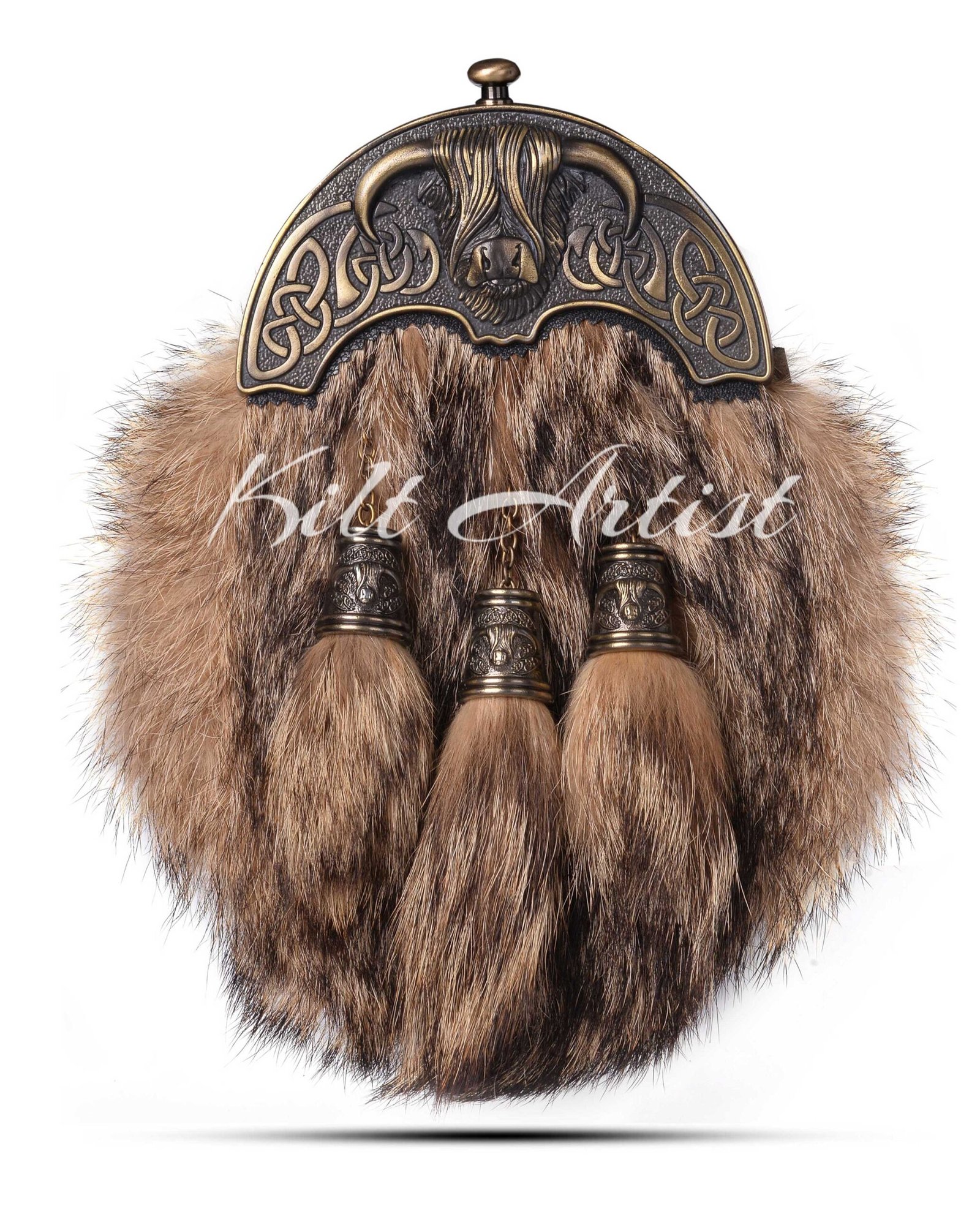 Brass Highland Cow Coyote Fur Full Dress Sporran