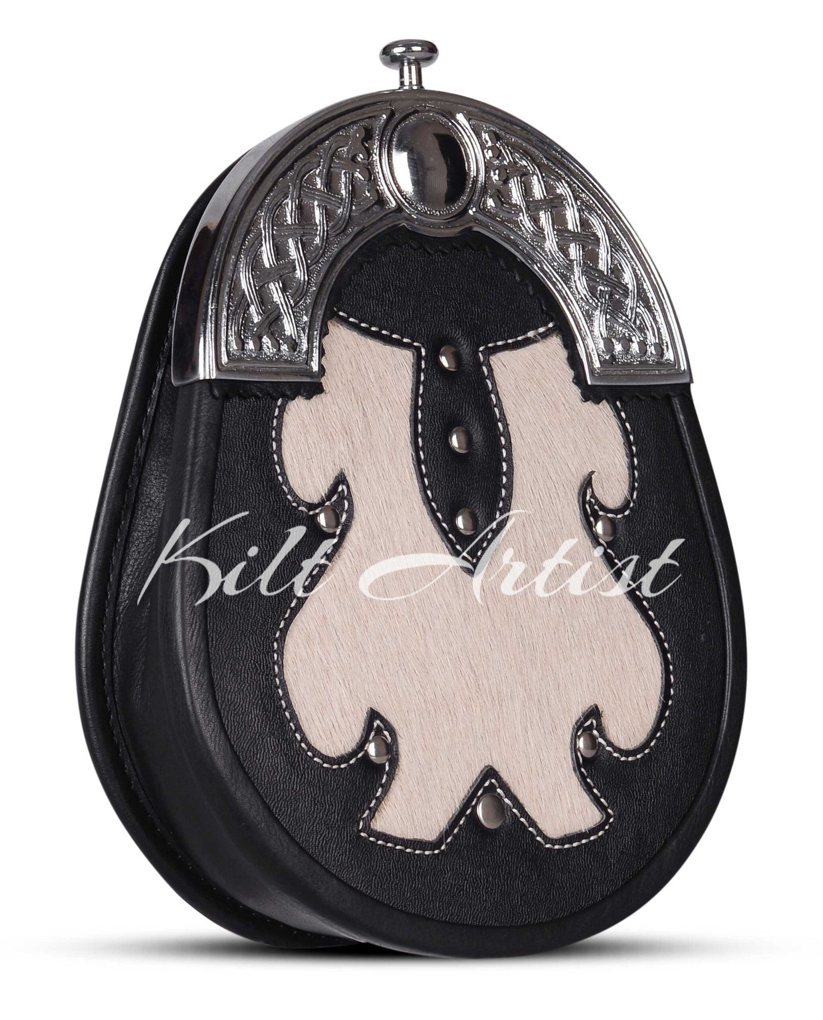 Men's Scottish Black white Leather Hunting Style Sporran