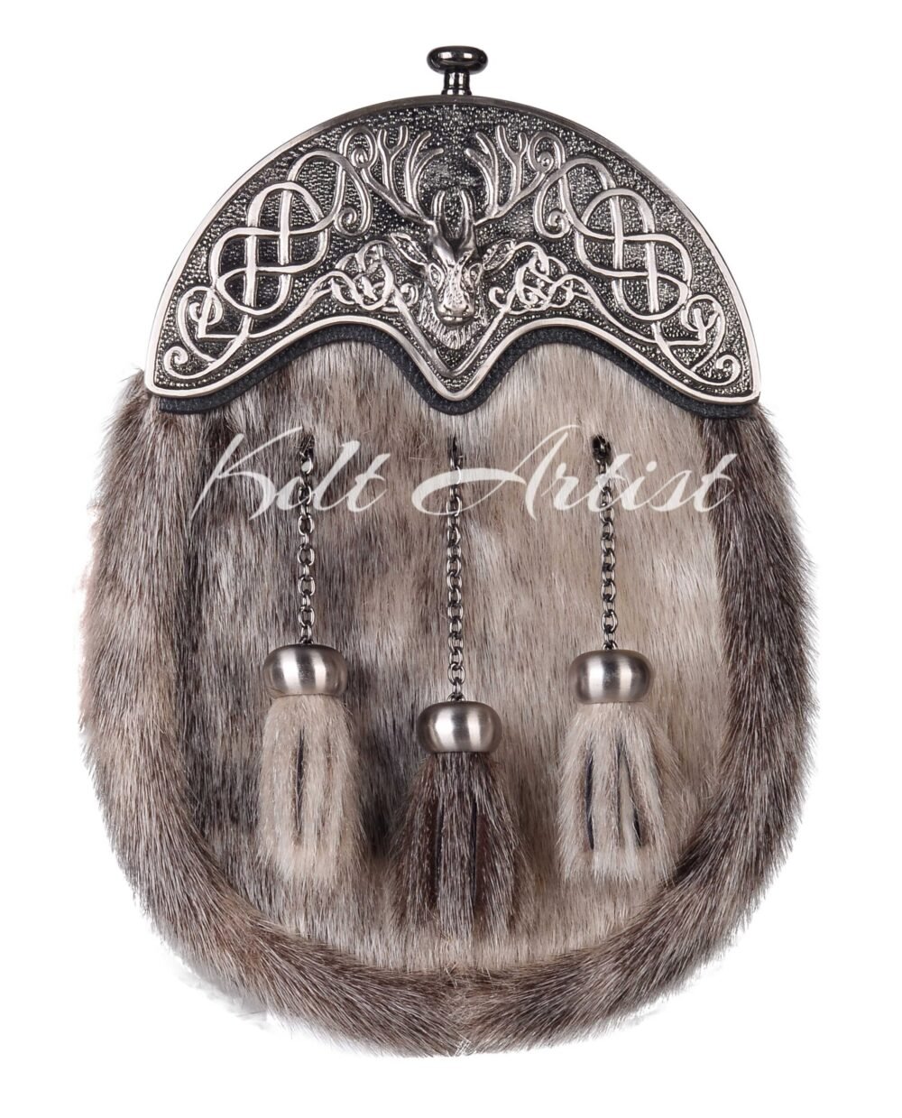 Nickle Brushed Stag Head Seal Fur Full Dress Sporran