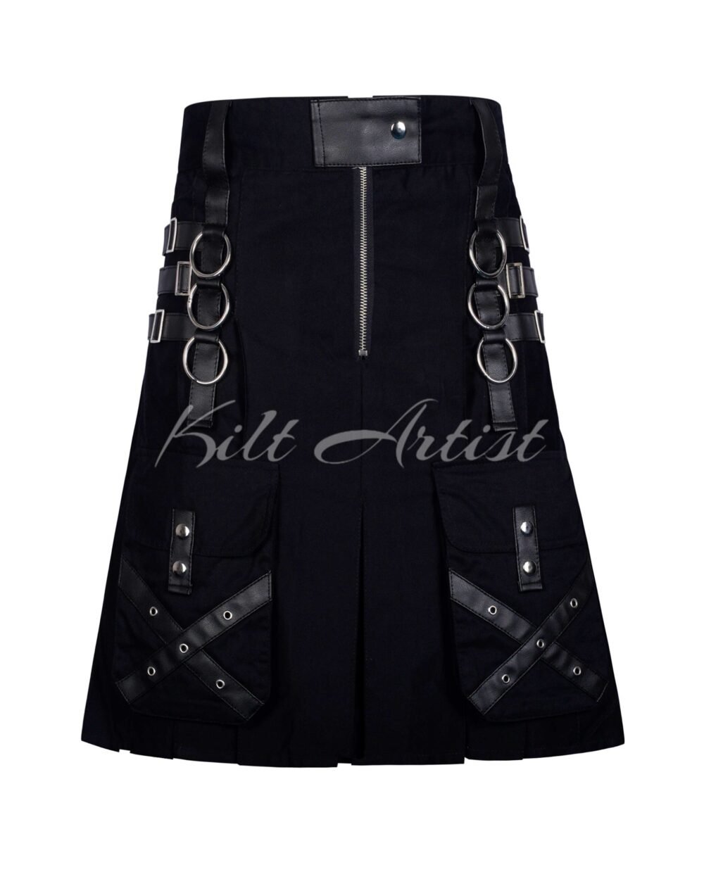 Black Cotton Gothic Utility Kilt With Leather Straps