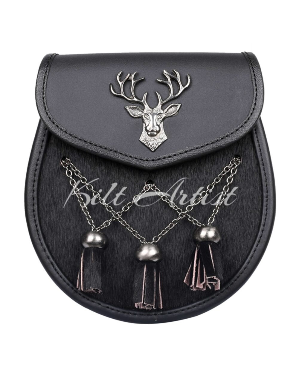 Scottish Black Leather Sami Dress Stag Head Sporran