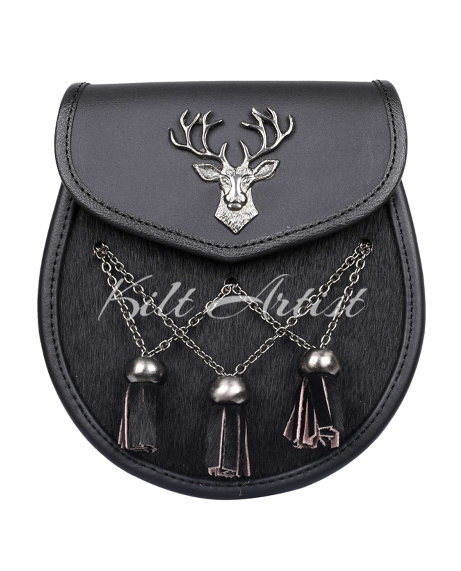 Scottish Black Leather Sami Dress Stag Head Sporran