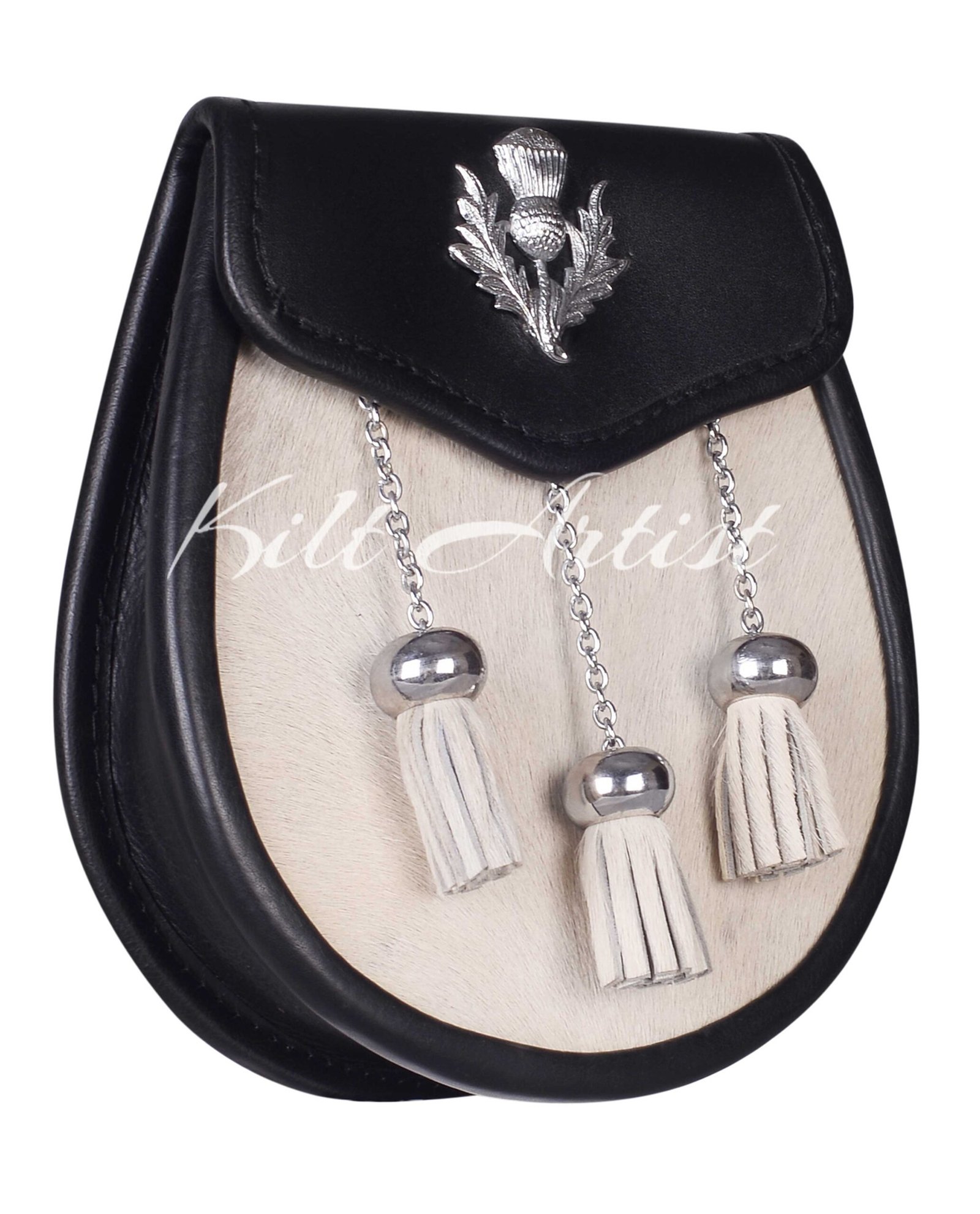 Thistle Emblem Black Leather White Bovine Fur Semi Dress Sporran - Image 2