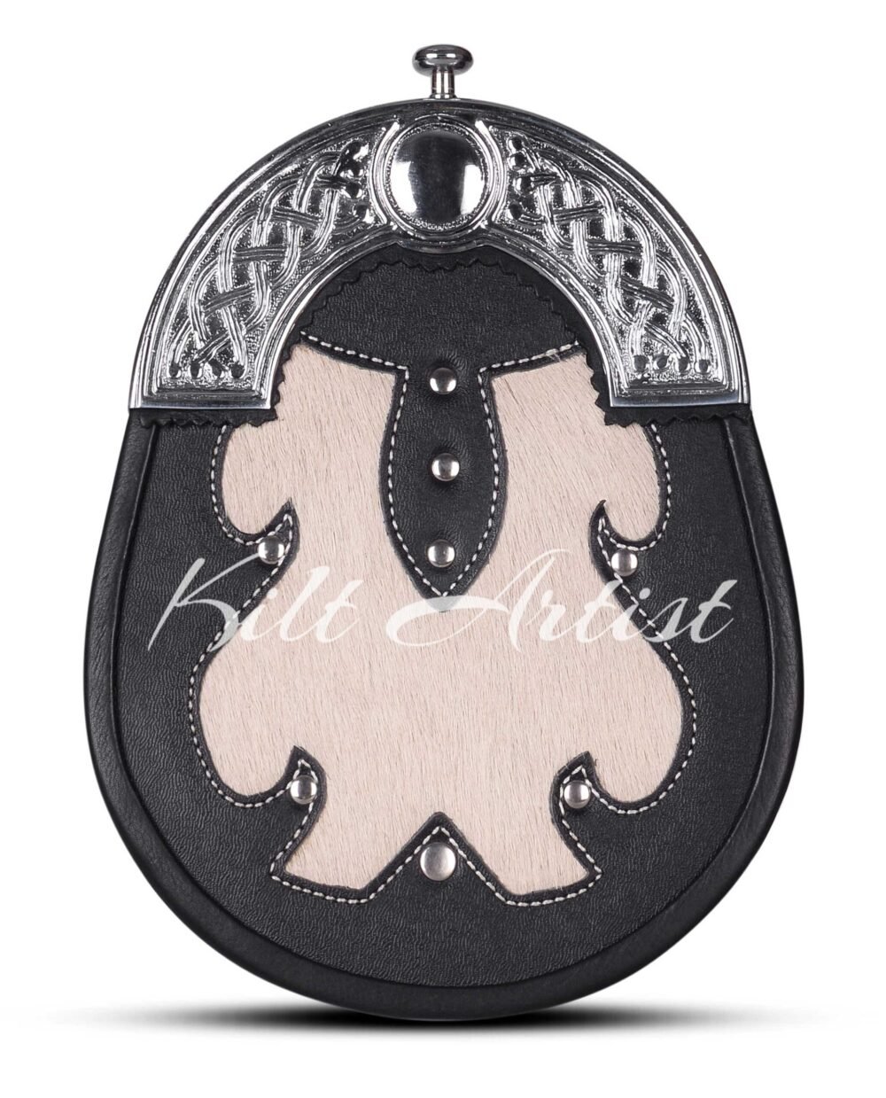 Men's Scottish Black white Leather Hunting Style Sporran