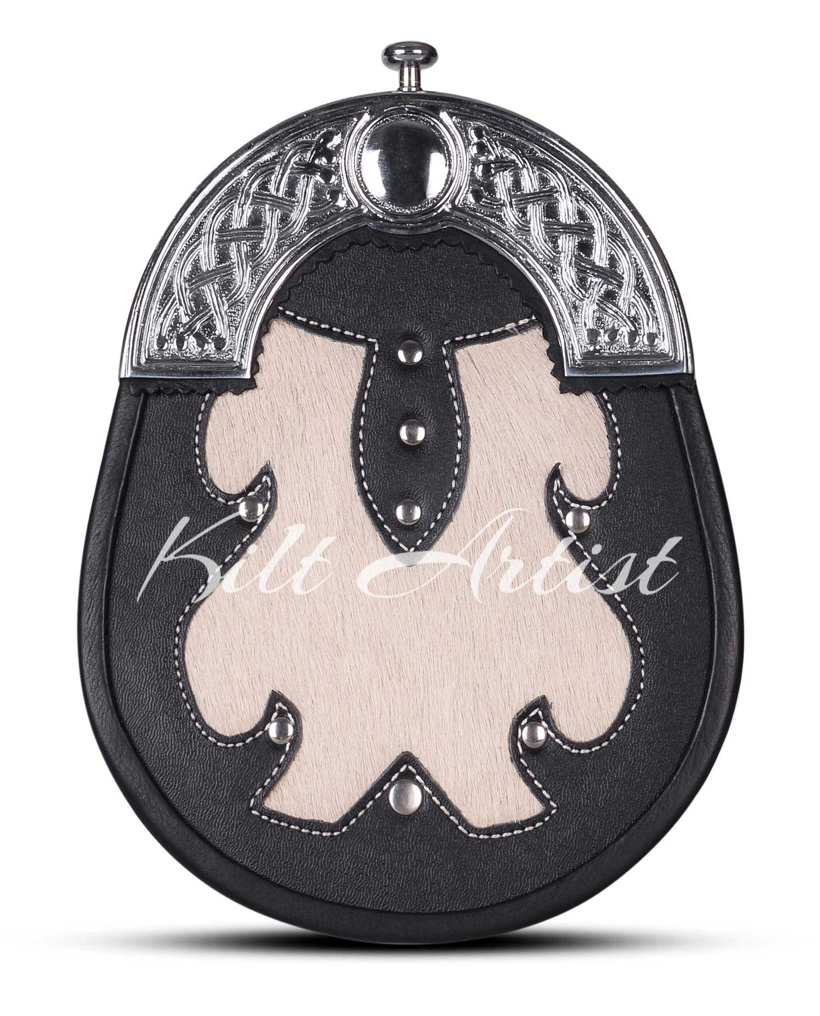 Men's Scottish Black white Leather Hunting Style Sporran