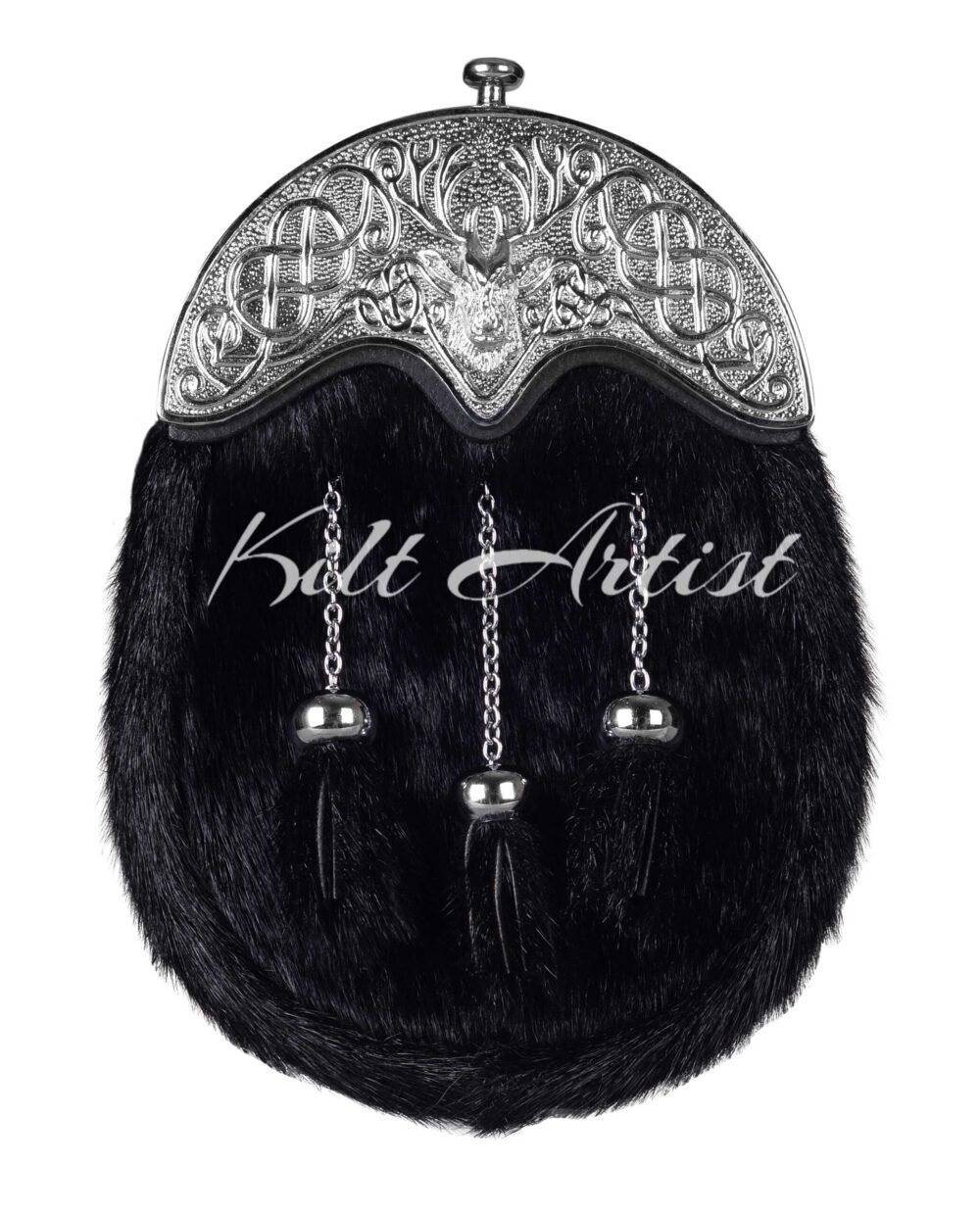 Silver Stag Head Black Seal Fur Full Dress Sporran