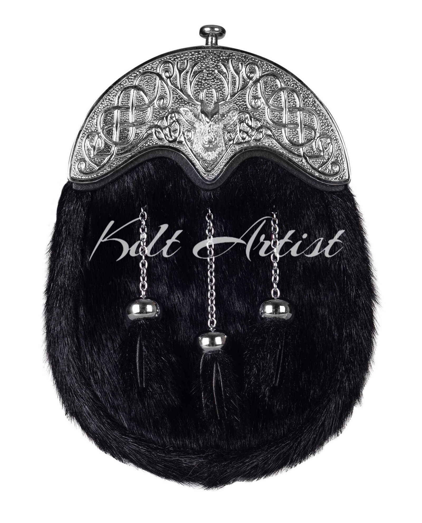 Silver Stag Head Black Seal Fur Full Dress Sporran