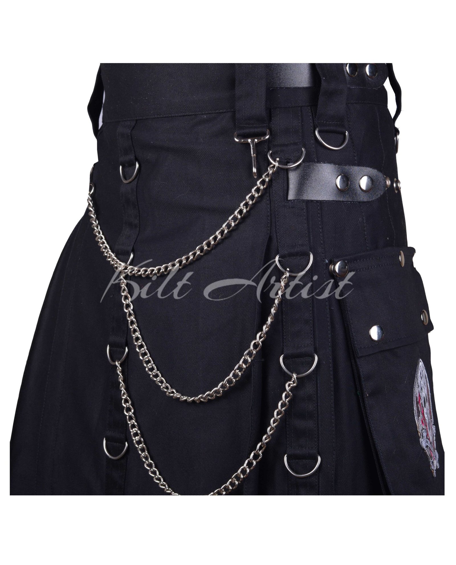 Black Cotton Gothic Utility Kilt With Embroidery Pocket
