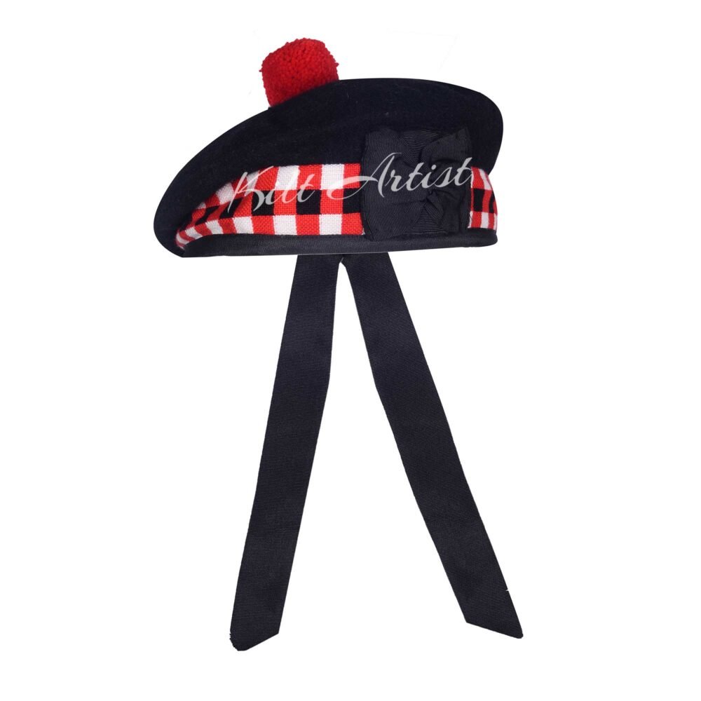 Black Wool Red White Black Diced Balmoral Cap