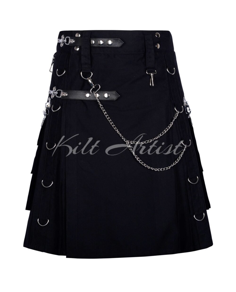 Black Cotton Gothic Utility Kilt With Chain