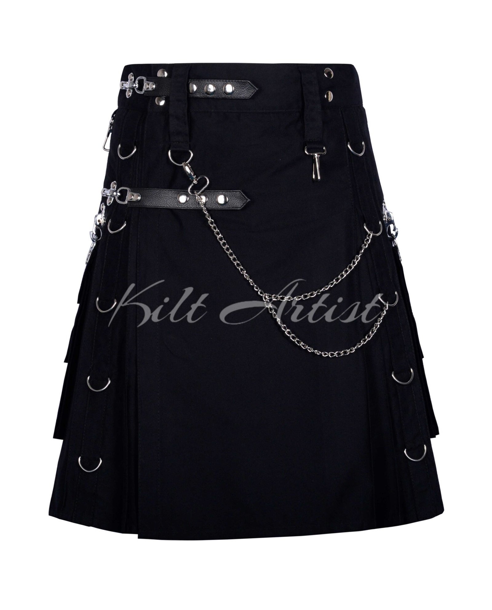 Black Cotton Gothic Utility Kilt With Chain