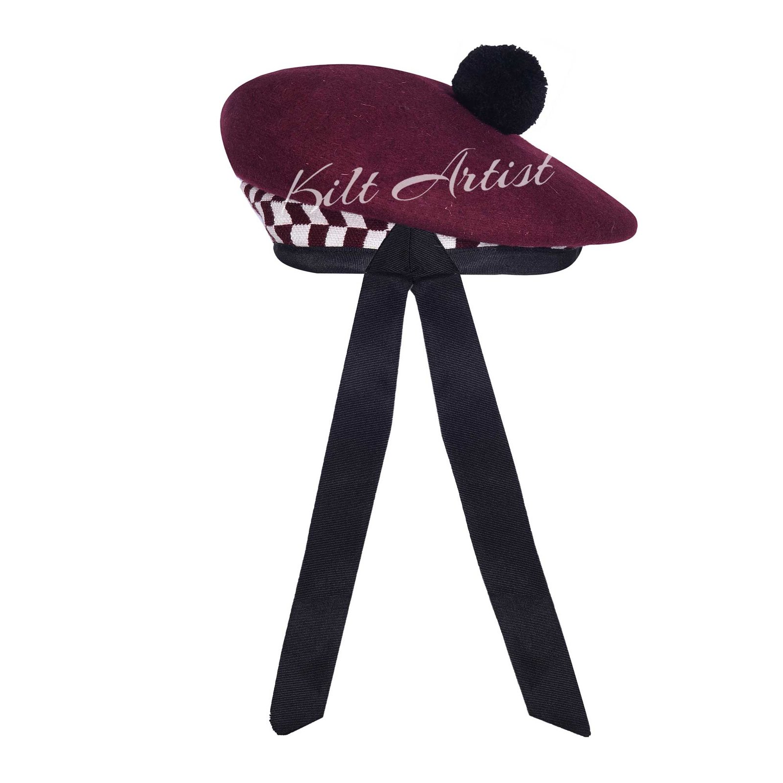 Maroon Wool Maroon White Diced Balmoral Cap