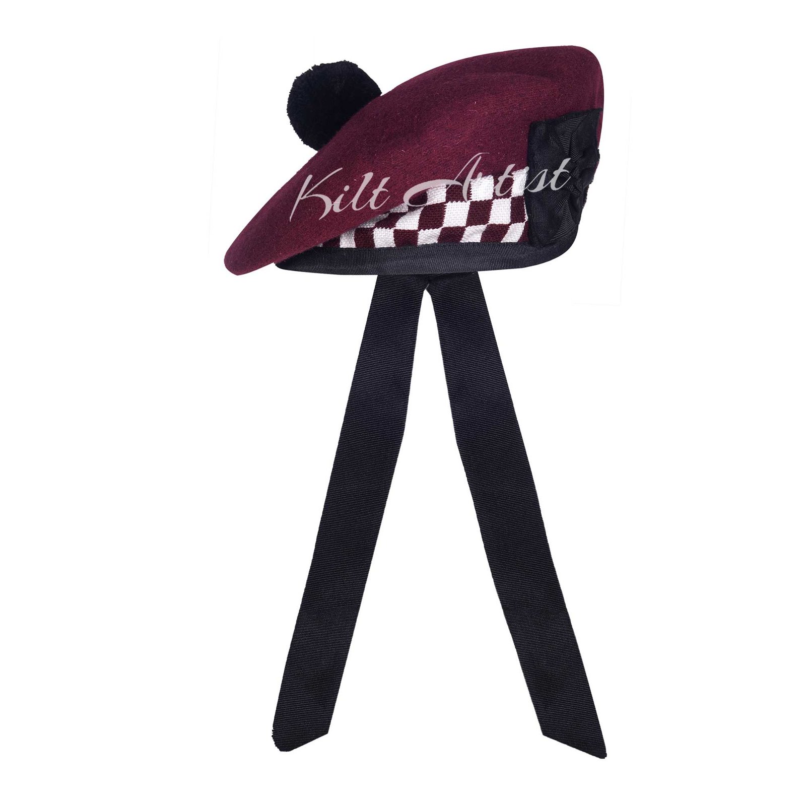 Maroon Wool Maroon White Diced Balmoral Cap