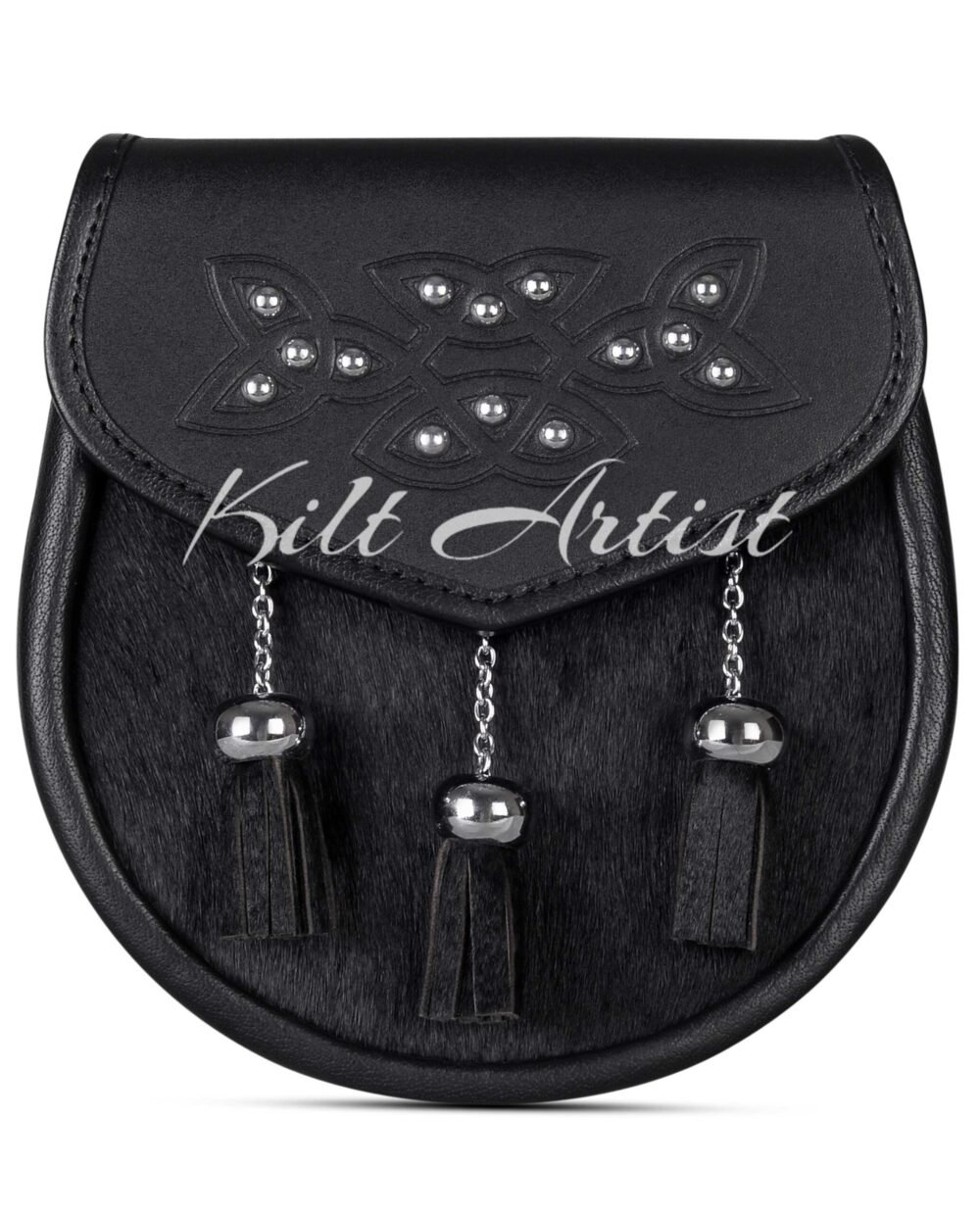 Single Celtic Knot Embossed Black Bovine Fur Semi Dress Sporran