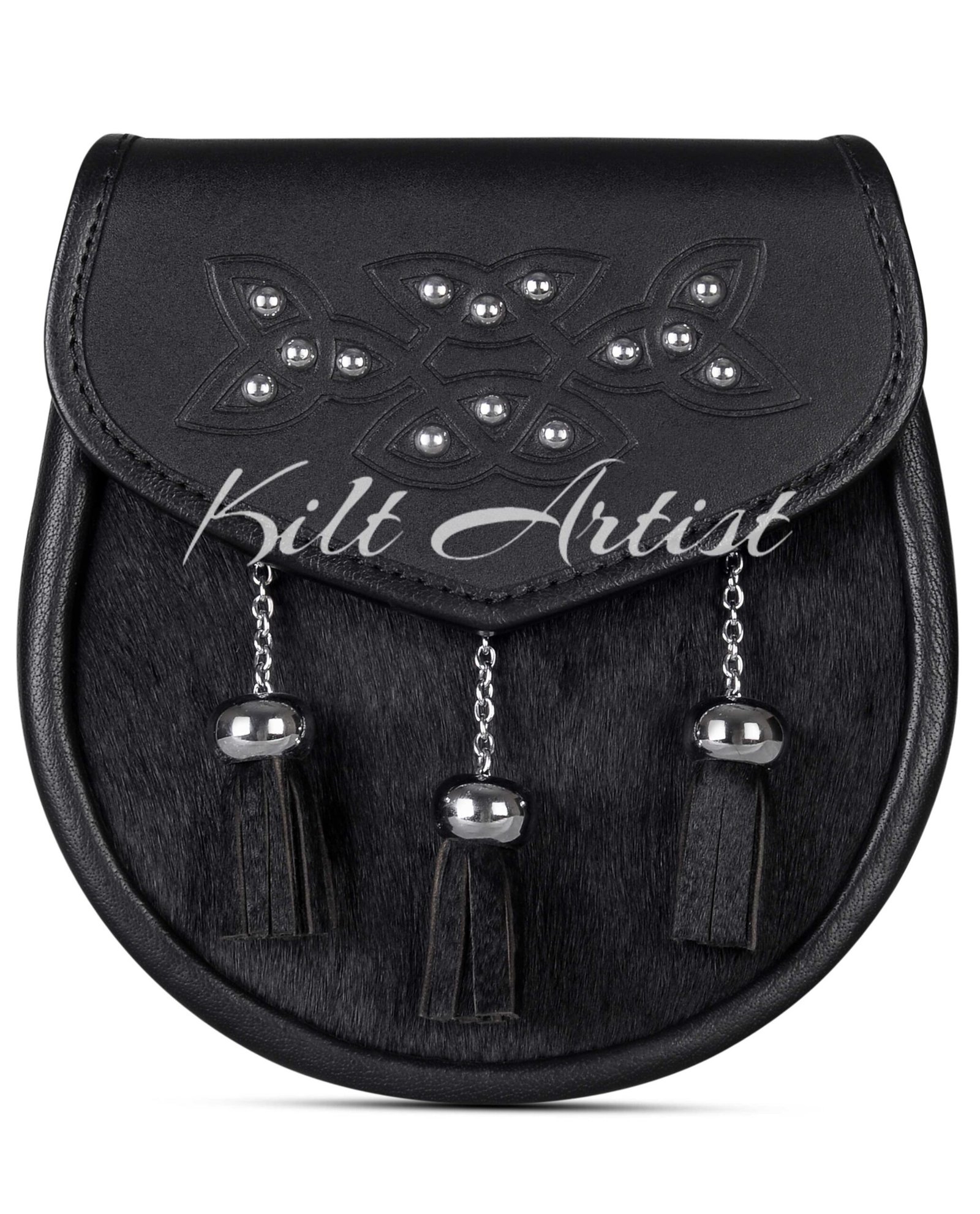 Single Celtic Knot Embossed Black Bovine Fur Semi Dress Sporran