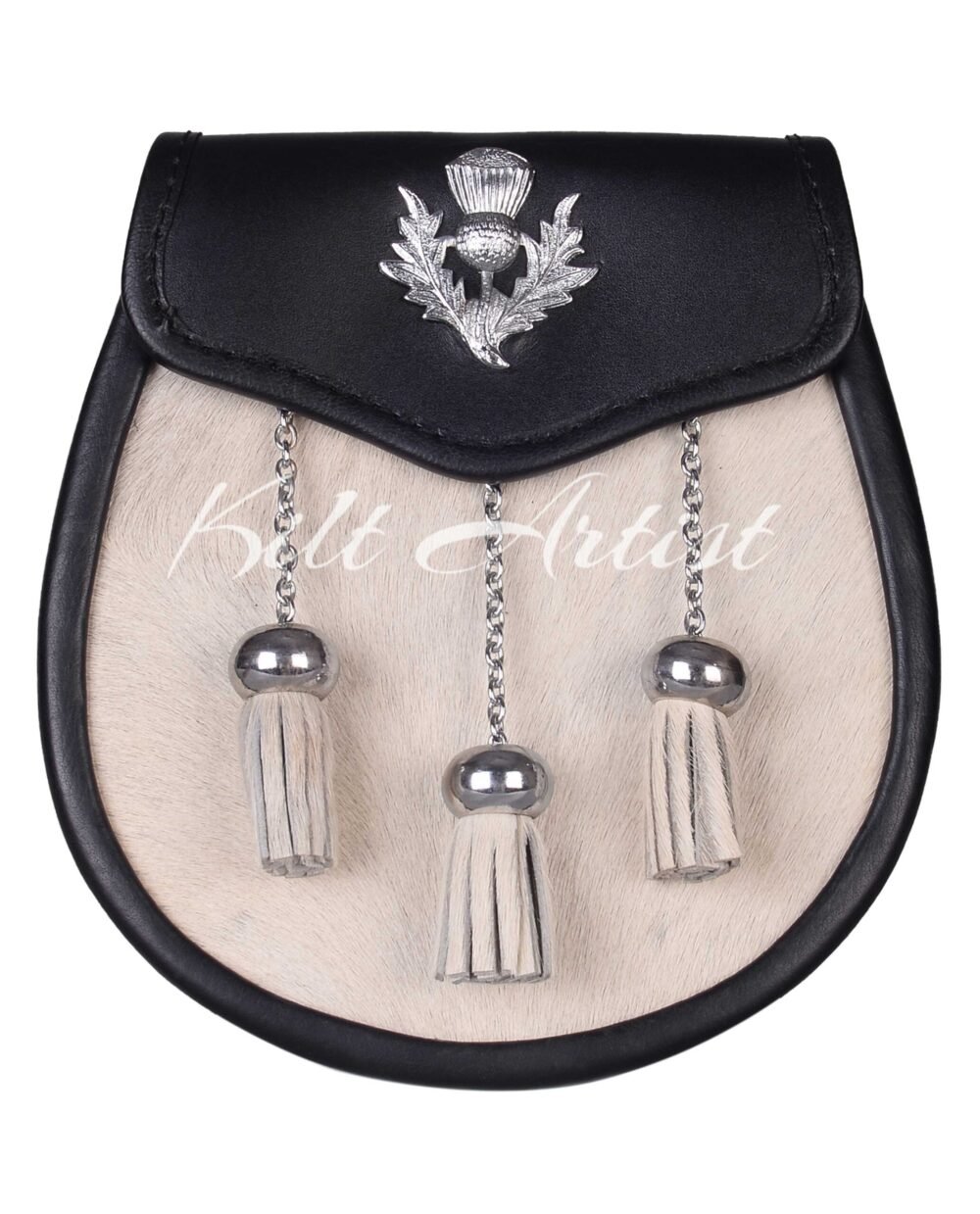 Thistle Emblem Black Leather White Bovine Fur Semi Dress Sporran