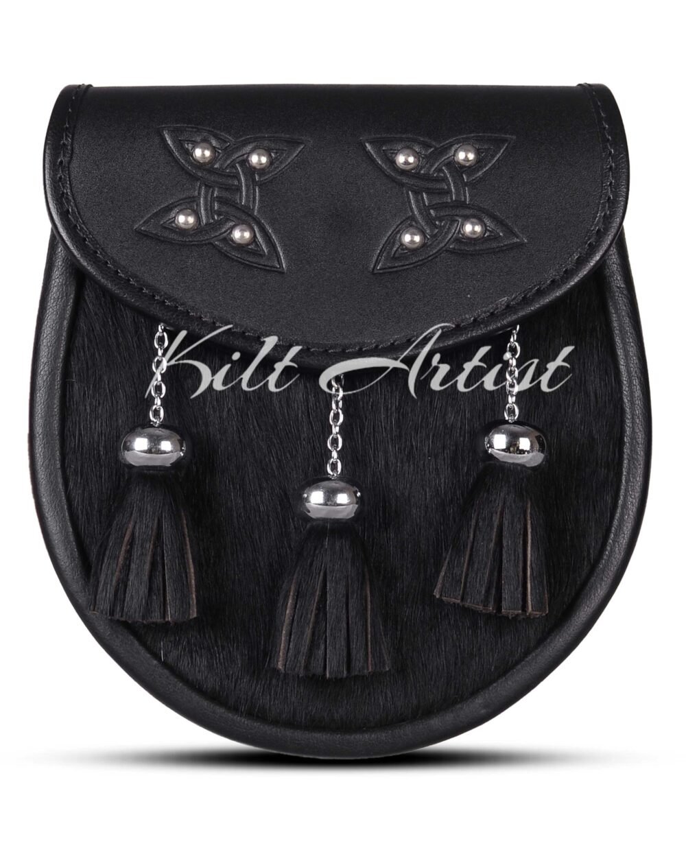 Two Celtic Knots Black Bovine Fur Semi Dress Sporran