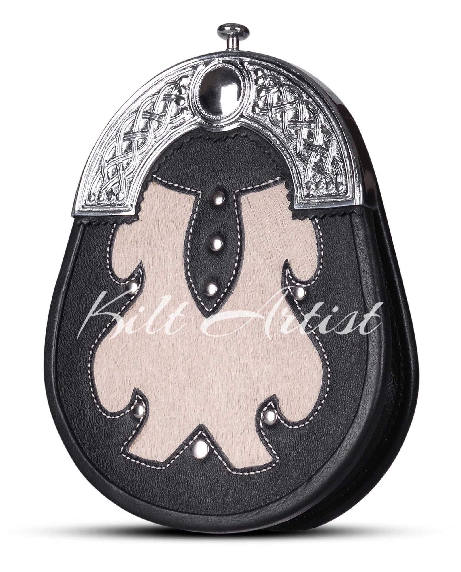 Men's Scottish Black white Leather Hunting Style Sporran