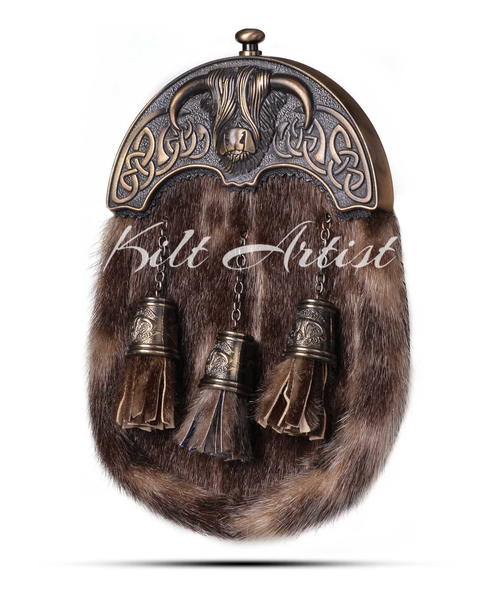 Brass Highland Cow Seal Fur Full Dress Sporran