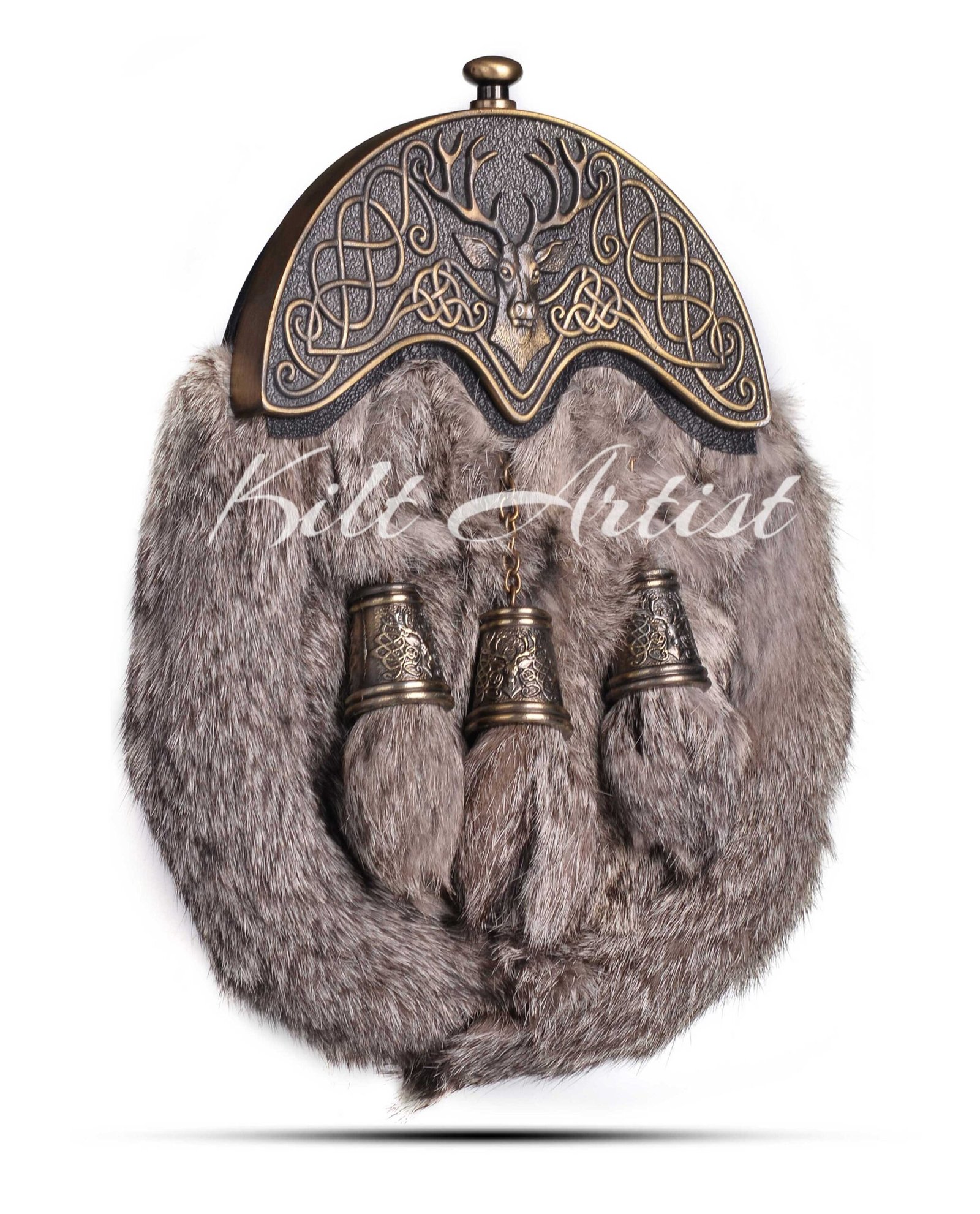 Brass Stag Head Brown Rabbit Fur Full Dress Sporran