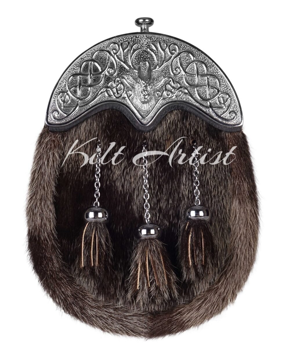 Dark Seal Fur Silver Stag Head Full Dress Sporran