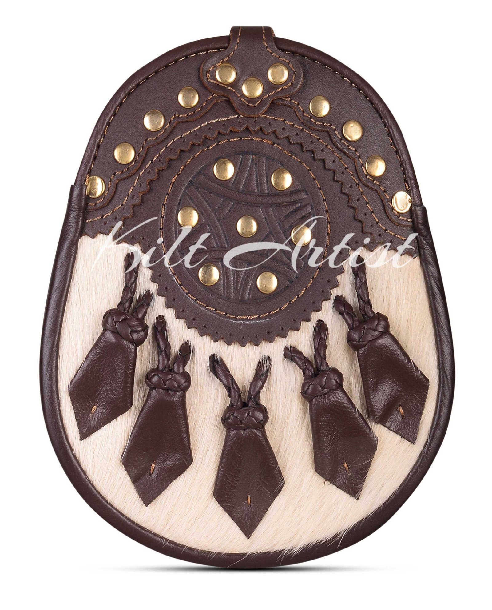 Men's Scottish Brown Leather White Fur Hunting Style Sporran