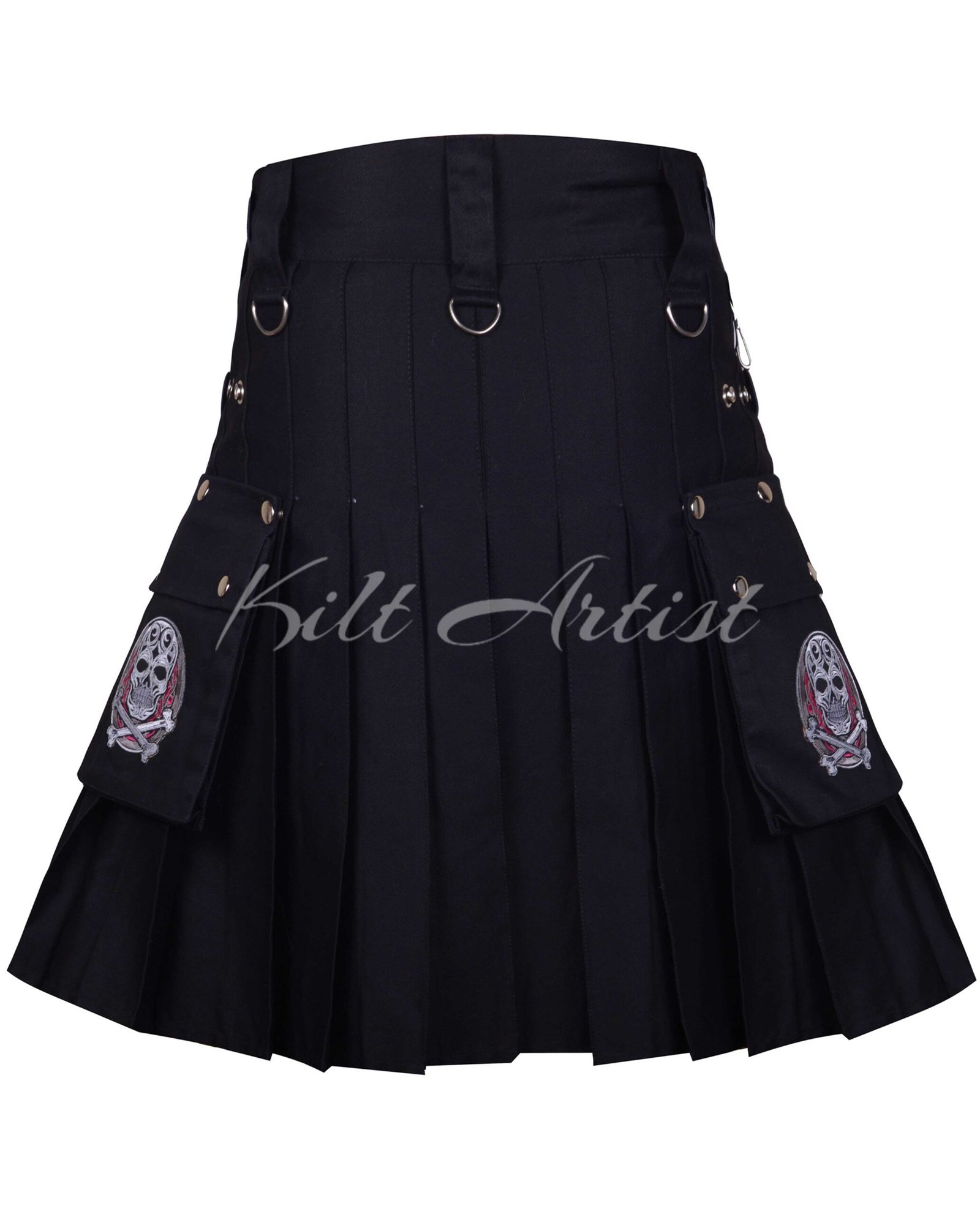 Black Cotton Gothic Utility Kilt With Embroidery Pocket