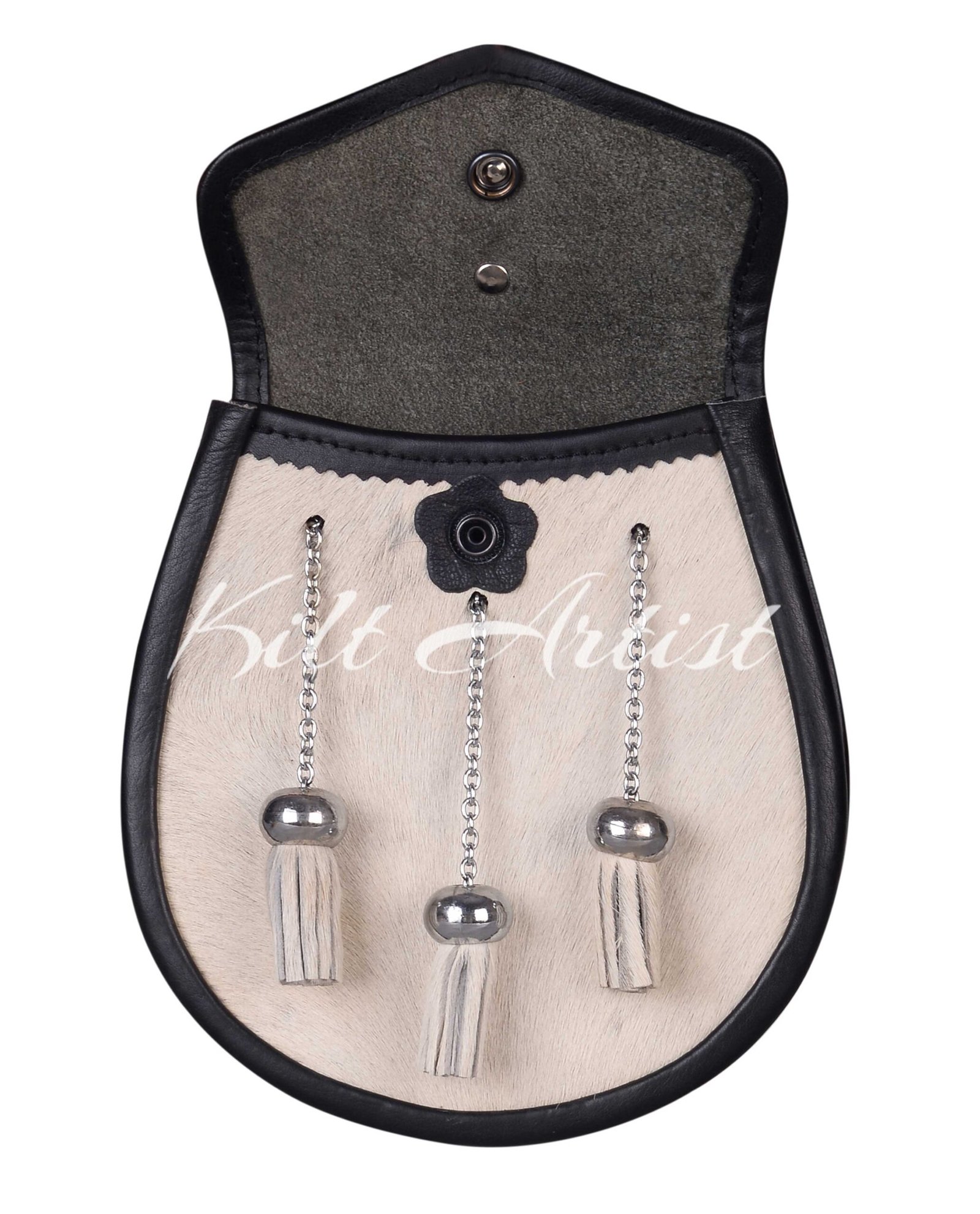 Thistle Emblem Black Leather White Bovine Fur Semi Dress Sporran