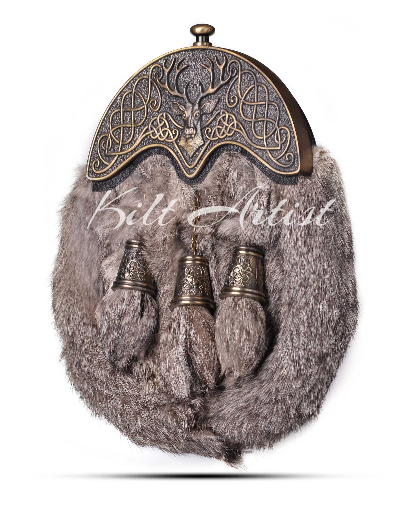 Brass Stag Head Brown Rabbit Fur Full Dress Sporran