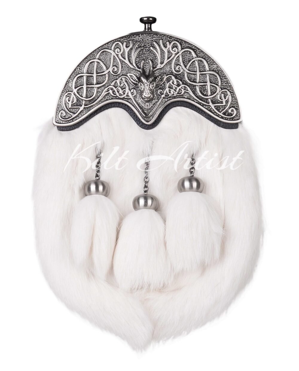 Nickle Brushed Stag Head White Rabbit Fur Full Dress Sporran