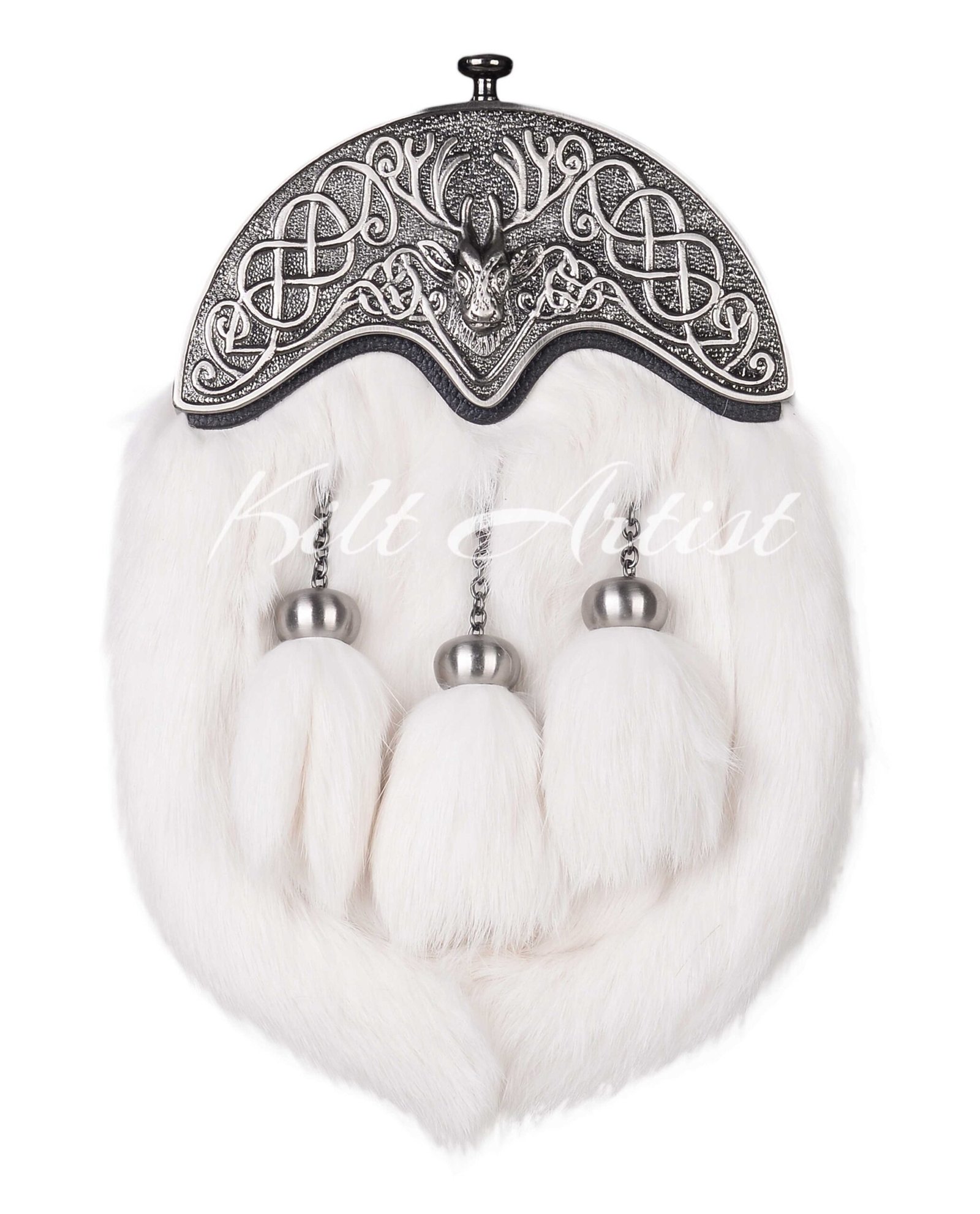 Nickle Brushed Stag Head White Rabbit Fur Full Dress Sporran