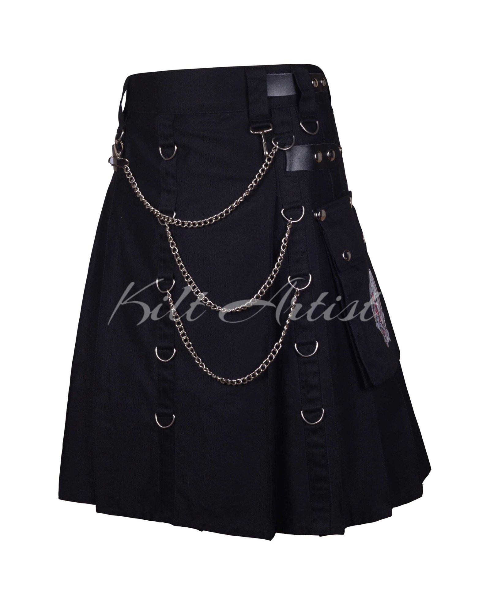 Black Cotton Gothic Utility Kilt With Embroidery Pocket