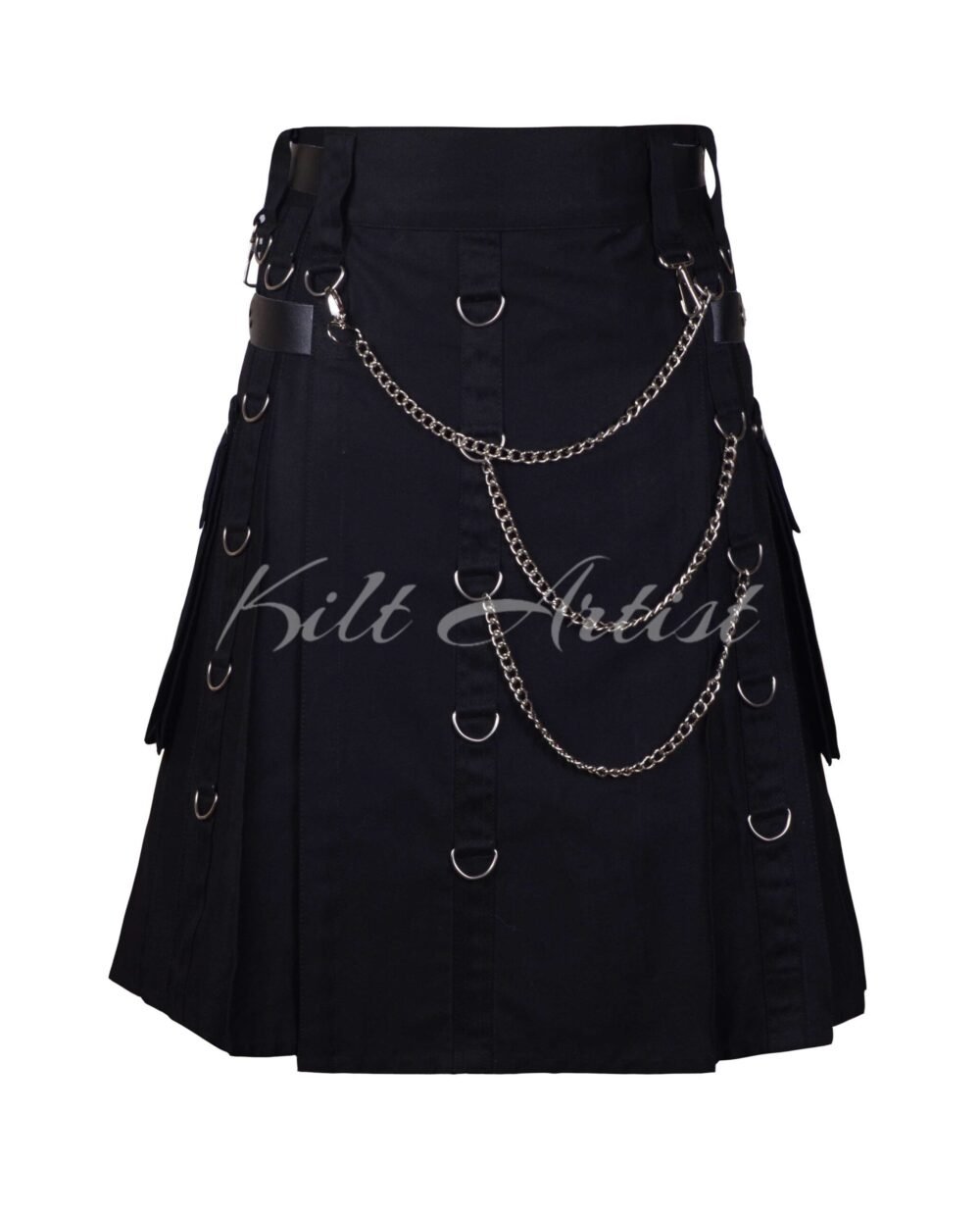 Black Cotton Gothic Utility Kilt With Embroidery Pocket