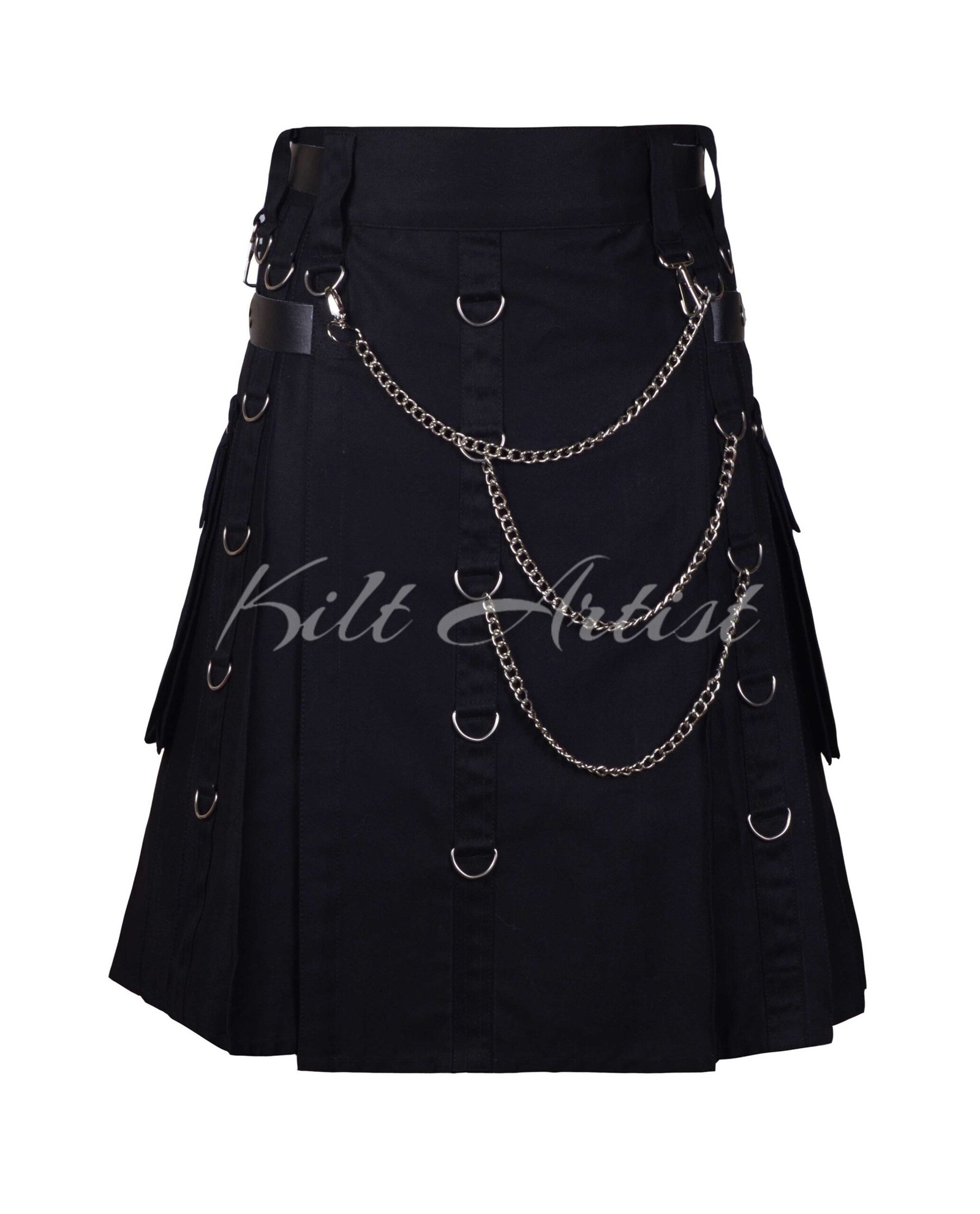 Black Cotton Gothic Utility Kilt With Embroidery Pocket