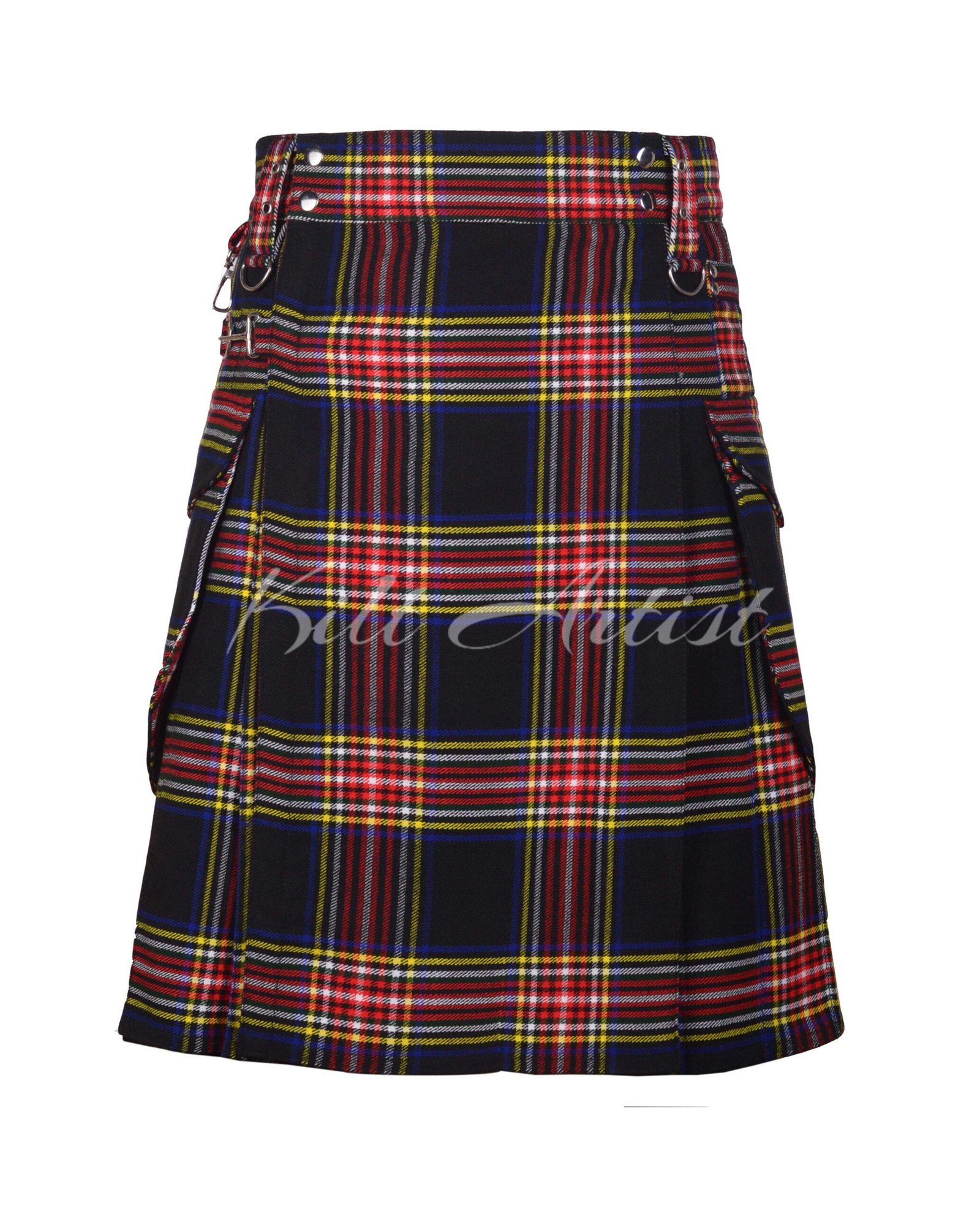 Black Stewart Tartan Gol Pockets Utility Kilt