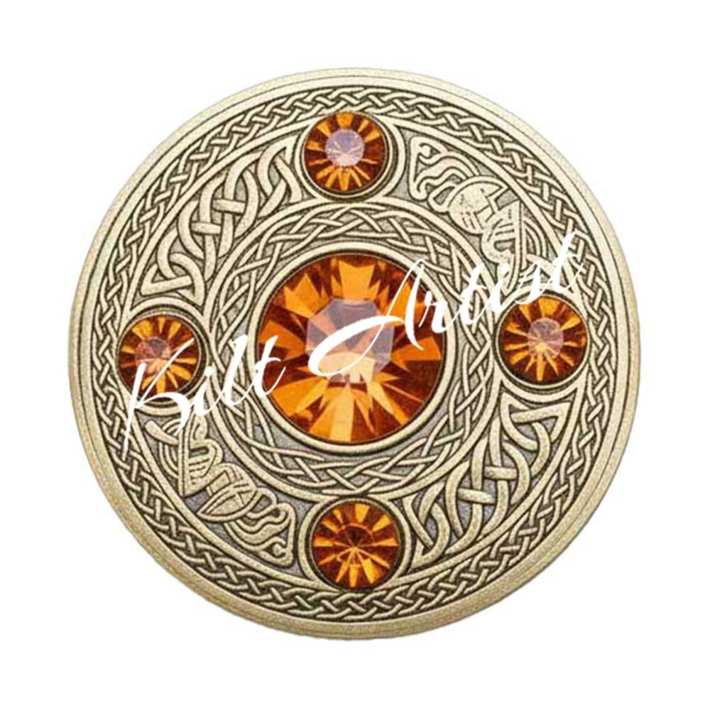 Scottish Fly plaid Brooch Pin Orange Crystal