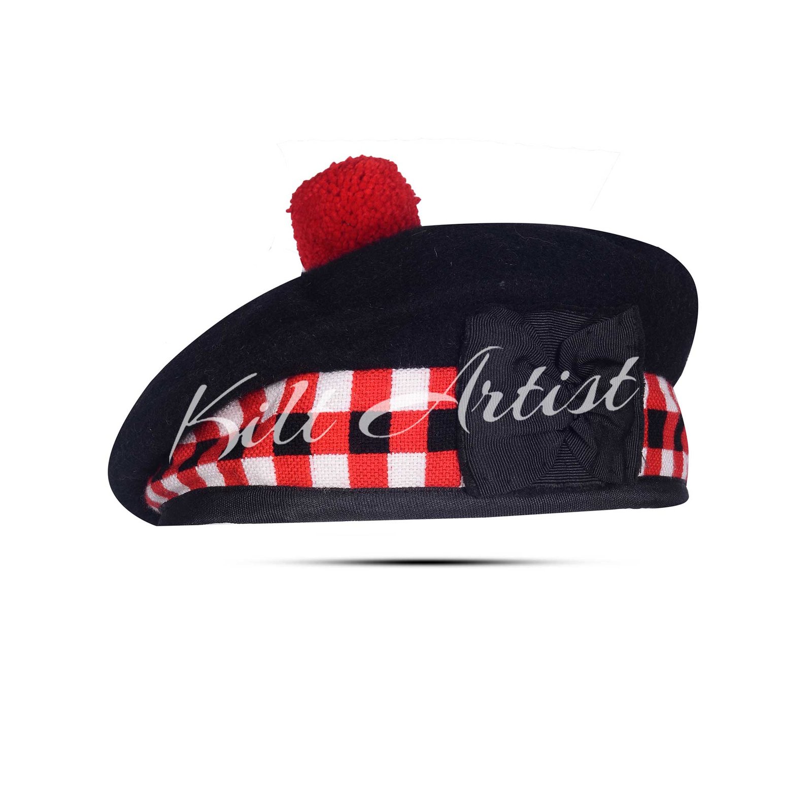 Black Wool Red White Black Diced Balmoral Cap