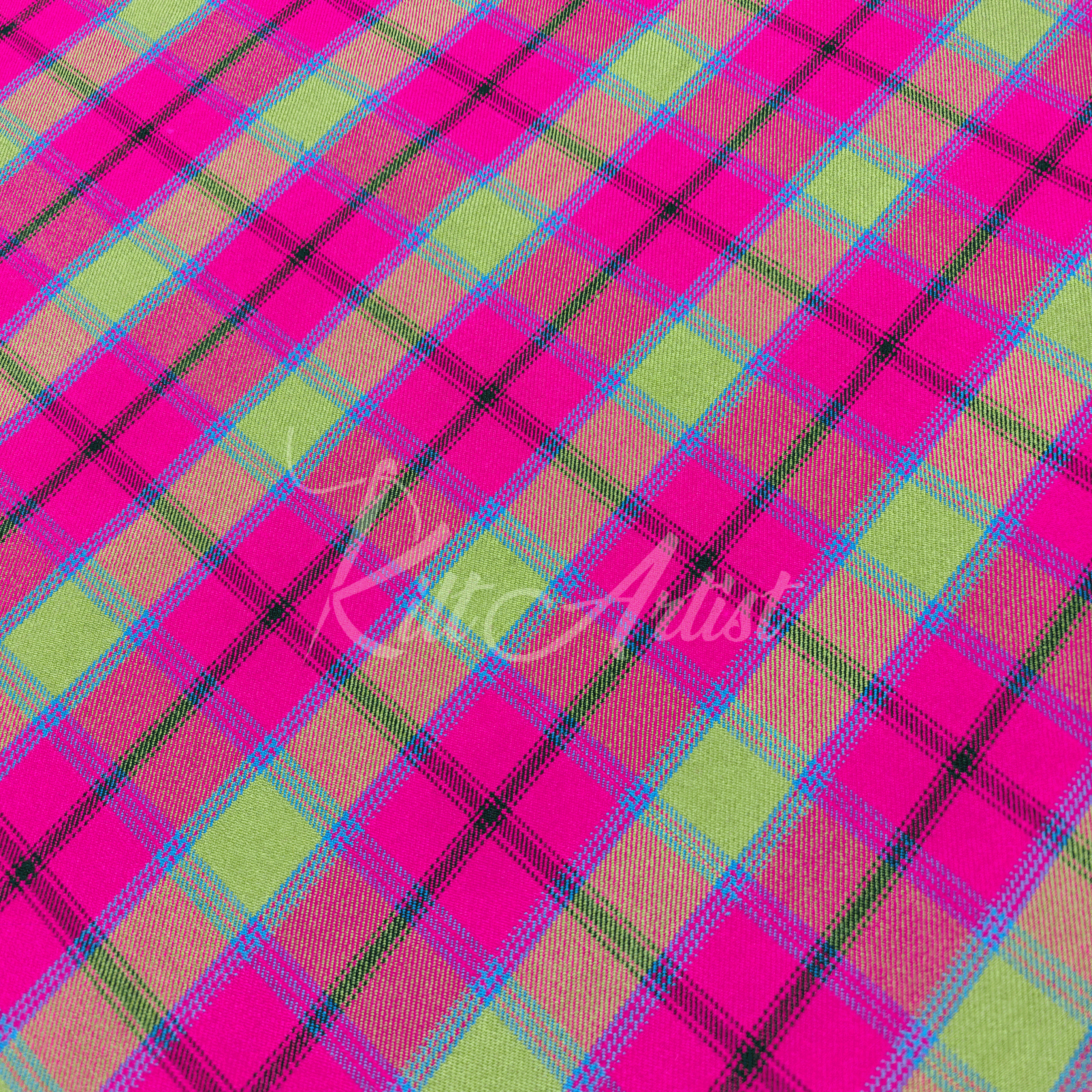 Vibrant pink and lime green tartan fabric featuring a diagonal crisscross pattern with blue and black accent stripes.