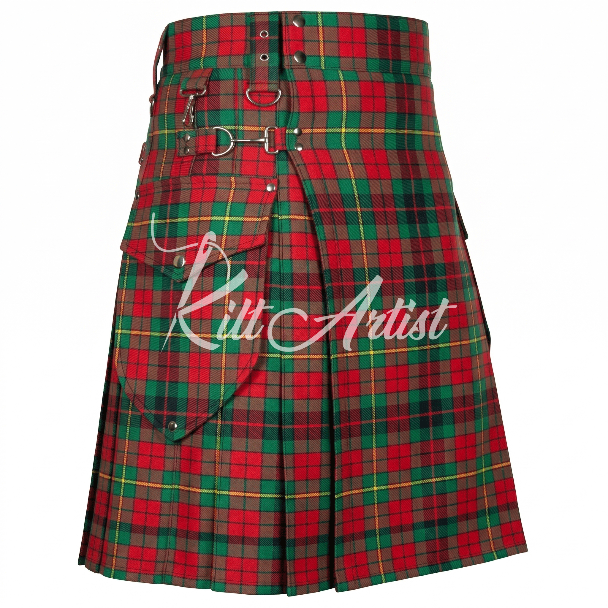 A modern utility kilt in County Clare Irish tartan featuring a red and emerald green pattern with cargo pockets and silver hardware.