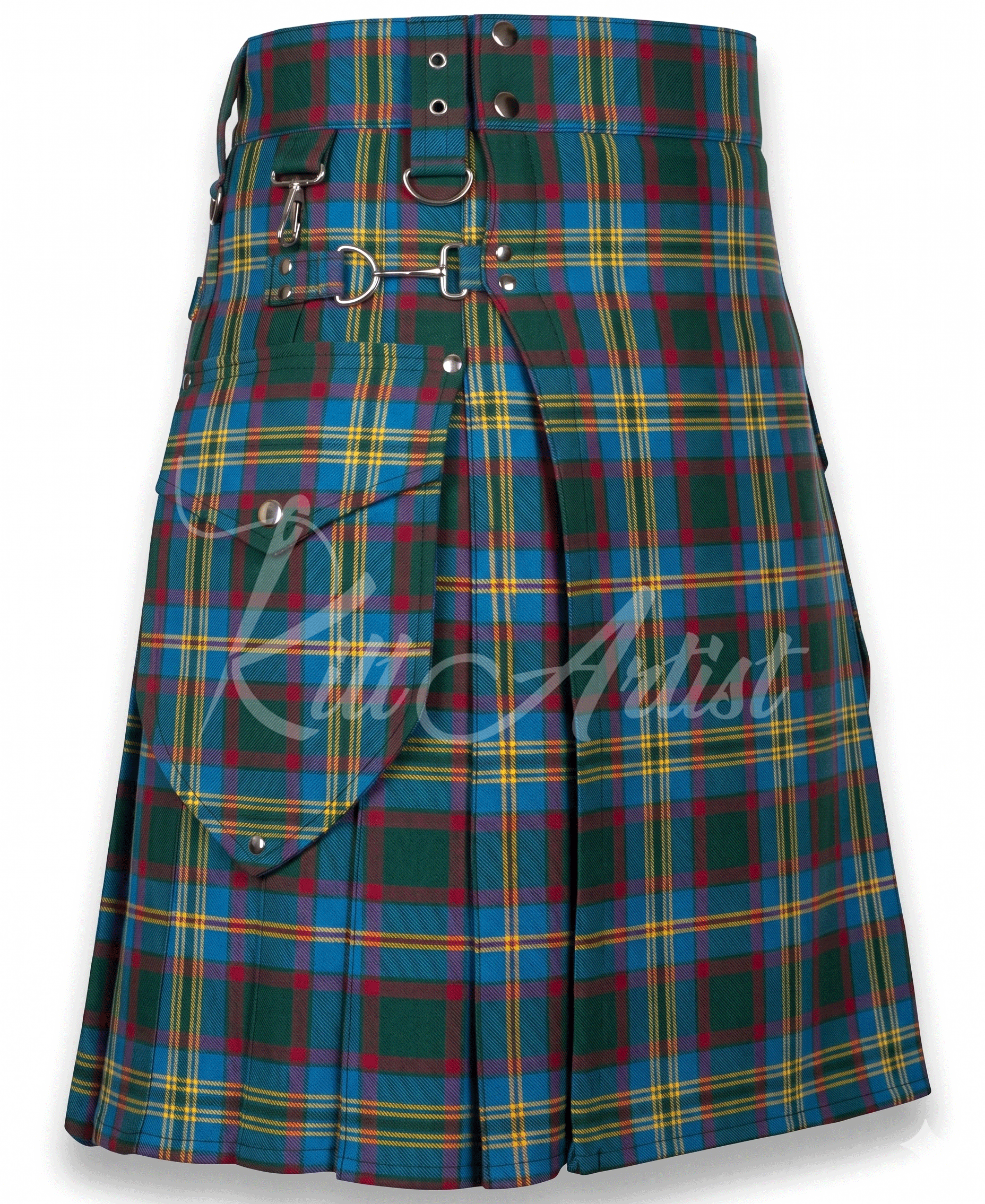 A modern utility kilt in County Cork Irish tartan featuring a blue and forest green pattern with large cargo pockets and silver metal hardware.
