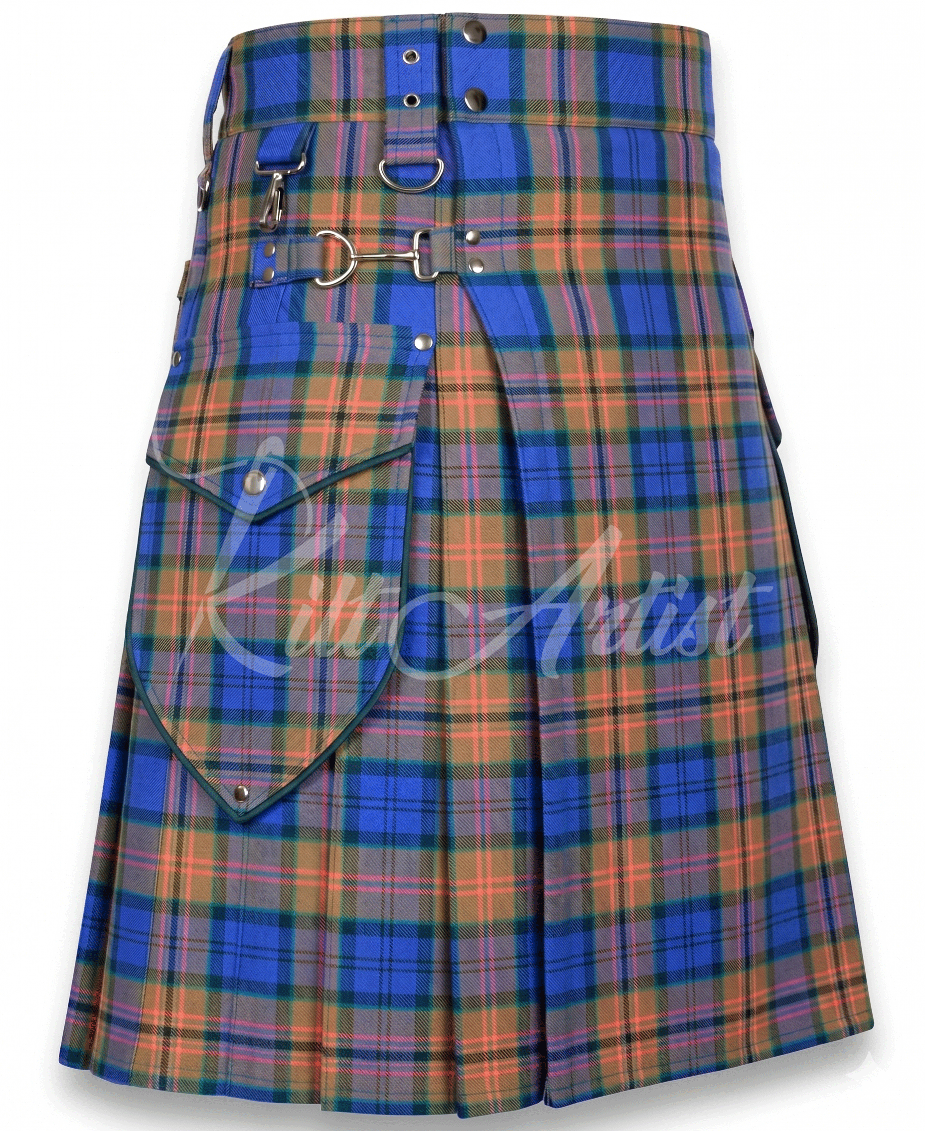 A County Longford Irish tartan utility kilt featuring a pattern of royal blue, earthy brown, and forest green with coral accent stripes and silver hardware.