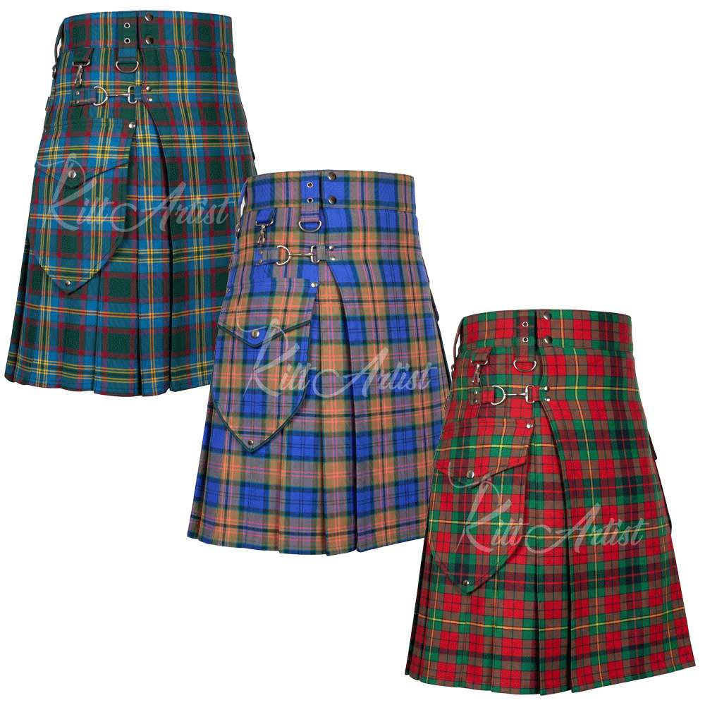 Three men’s tartan utility kilts in different plaid patterns featuring pleated designs, adjustable leather straps, metal hardware, and side cargo pockets.